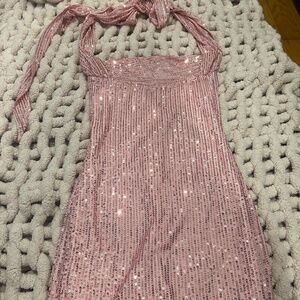 LUCY IN THE SKY pink sparkly halter dress XS